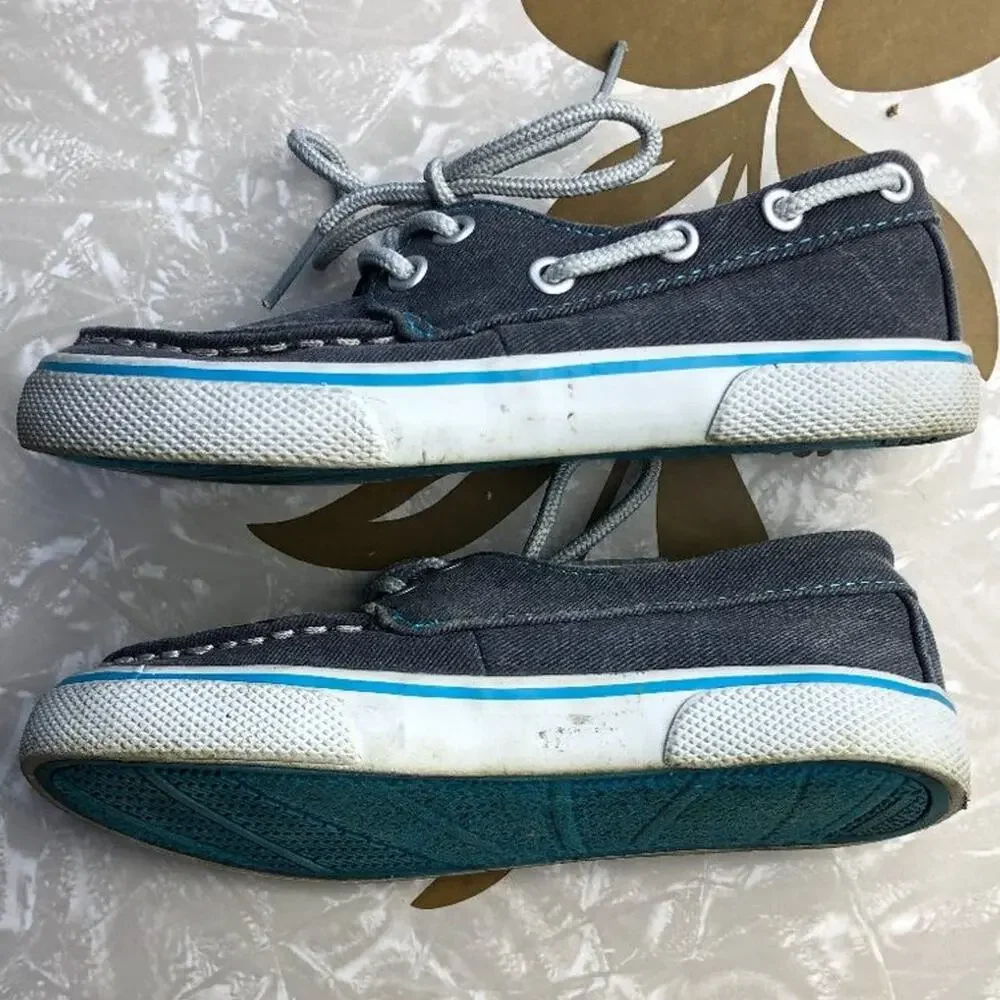 Children's Place Gray White Blue Canvas Slip On Tie Double Eye Boat Loafer Shoes